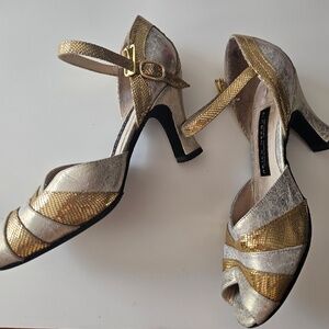 Arika Nerguiz Silver and Gold Ankle Strap Dance Heels Size 36.5